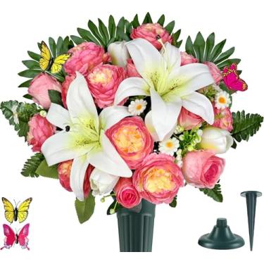 Imagem de MUVIC Flores artificiais de cemitério para decoração de túmulos ao ar livre, flor memorial - margarida rosa lírio realista - buquê de simpatia