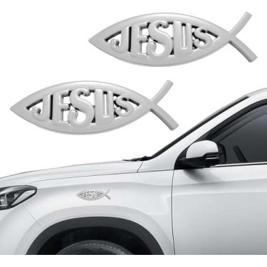 Imagem de 2 peças de adesivos Jesus Fish, emblema de carro, acessórios de carro cristão de alumínio à prova d'água, adequado para janelas de carro e laptops (prata)
