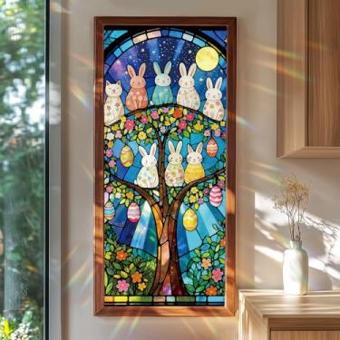 Imagem de SHENGYUMY Película para janela de coelhinho da páscoa 99,37 x 15,75 polegadas estilo vitral design de coelho e ovo para decoração de janela estática de primavera e férias para painéis de vidro