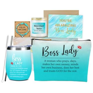 Imagem de Presentes Boss Lady para mulheres, presentes de chefe para mulheres chefes mentora, agradecimento de escritório aniversário Natal Dia dos chefes copo de vinho bolsa de maquiagem pulseiras conjunto de