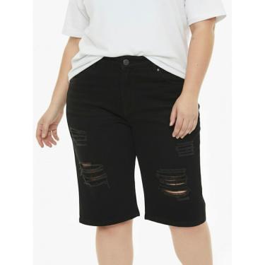 Imagem de Bermuda Feminina Jeans Preto com Rasgo Barra Normal Plus Size Shorts Reto Jeans-Feminino