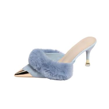 Imagem de Sandálias femininas de bico fino, bico aberto, salto alto, casual, liso, para uso ao ar livre e interno, Azul royal, 34