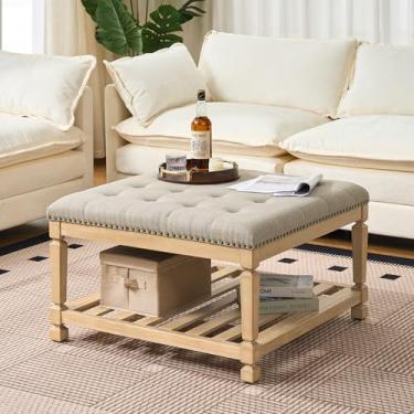 Imagem de Befurtori Grande mesa de centro quadrada otomana, descanso para os pés estofado de linho sólido com prateleira de madeira maciça, mesa de centro tufada para quarto, sala de estar - linho