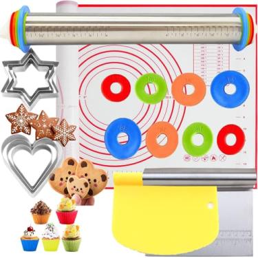 Imagem de 10 ferramentas de cozimento, pinos de espessura ajustável e conjunto de tapete de pastelaria de silicone, rolo de massa de aço inoxidável e cortador de aço