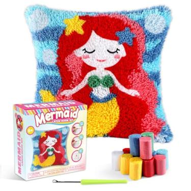Imagem de Kit de gancho de trinco de sereia, tema submarino, faça você mesmo, kit de artesanato para crianças e adultos, iniciantes, fazendo sua própria almofada, artesanato, fronha impressa, fio de crochê