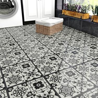 Imagem de Wallderful Rolo de piso de vinil preto Boho autoadesivo para locatários, 20 peças, adesivo de azulejo laminado floral para quarto, cozinha, banheiro, chuveiro, fácil de instalar