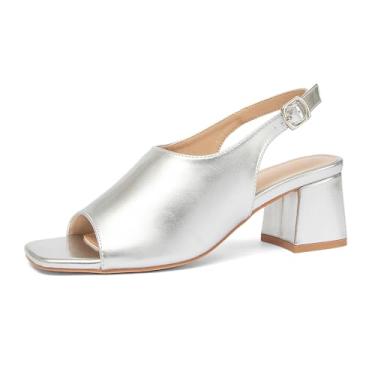 Imagem de NEWBELLA Sandálias femininas de bico quadrado com salto baixo e tira ajustável no tornozelo, sandálias elegantes para casamentos, festas e eventos noturnos, Prata, 36