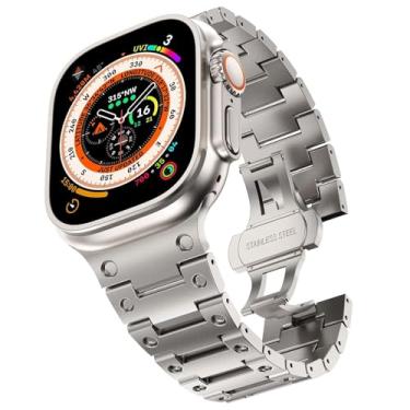 Imagem de HEPUP Pulseira de aço inoxidável para Apple Watch Ultra 2 de 49 mm, 45 mm, 44 mm e 42 mm, pulseira de metal com fecho dobrável para Apple Watch séries 9, 8, 7, 6, 5, 4, 3, 2, 1, Ultra/Ultra 2