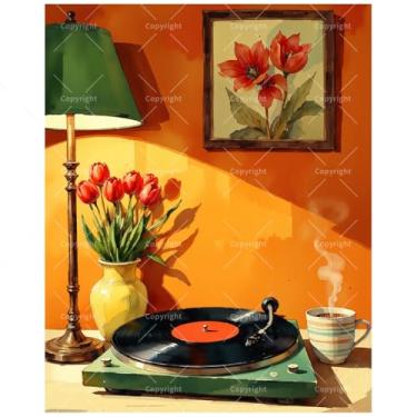 Imagem de Kit de pintura vintage vibrações por números para adultos – DIY Retrô Vinil e Tulipas Vermelhas Pintura em Tela 30,5 x 40,6 cm, conjunto de tinta acrílica emoldurada, adequado para iniciantes, arte