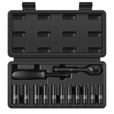 Imagem de Aloanes Conjunto de soquete de unidade de 1/10.2 cm, soquetes profundos SAE de 13 peças (3/40.6 cm - 11/81.3 cm), chave catraca de 72 dentes, alça giratória de acionamento, design de 6 pontos, aço