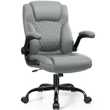 Imagem de HeroSet Cadeira de mesa de escritório, cadeira de couro para computador com braços ajustáveis e suporte de madeira, cadeira de tarefas giratória e inclinação de 360° para trabalho, estudo e escritório