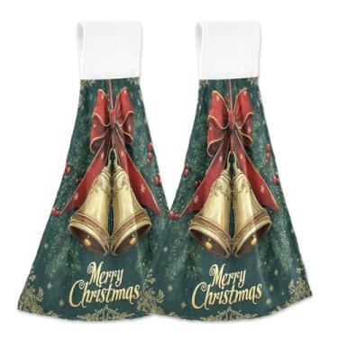 Imagem de Blueangle 2 peças de toalhas de gravata penduradas com sinos de Natal toalha de mão de cozinha absorvente de veludo coral macio pano de pano para cozinha e banheiro (679)