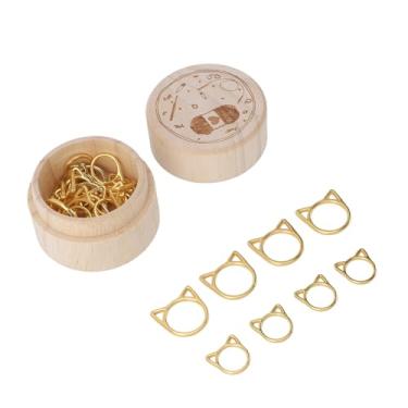 Imagem de 30 peças de anéis marcadores de ponto de metal, lindos marcadores de ponto de crochê em forma de cabeça de gato com caixa de armazenamento de madeira, para tecelagem de artesanato faça você mesmo para