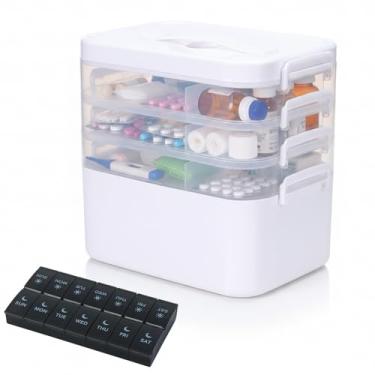 Imagem de Mowhut Organizador de medicamentos de 4 camadas, caixa de armazenamento de medicamentos com organizador de comprimidos de 7 dias, 2 vezes ao dia, caixa empilhável de primeiros socorros com alça oculta