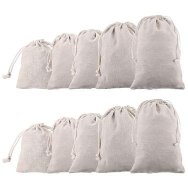 Imagem de 10 sacos de armazenamento de algodão, sacos de lona com cordão, sacos de musselina reutilizáveis, para armazenamento, com cordão para frutas, cebola, roupas, compras, suprimentos para casa, bege