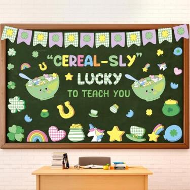 Imagem de Mooliwe Conjunto de decorações de quadro de avisos do Dia de São Patrício, quadro de avisos de trevo da sorte, cereais, sorte de te ensinar recortes para sala de aula irlandesa, quadro-negro