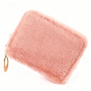 Imagem de Bolsa feminina de pelúcia de cor doce, carteira quadrada macia, porta-cartões, bolsa para fone de ouvido, linda bolsa de inverno, rosa