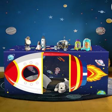 Imagem de Toalha de mesa de 1,8 m com foguete espacial casinha de brinquedo grande sistema solar capa de barraca de brinquedo tema espaço sideral galáxia planetas astronauta foguete toalha de mesa para artigos