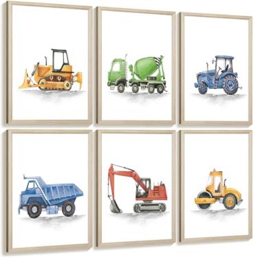 Imagem de Conjunto de 6 peças de arte de parede para meninos, caminhões, veículos, decoração de parede, arte de parede, aquarela, sala de jogos, imagens de crianças, ilustrações, arte de berçário, para quarto