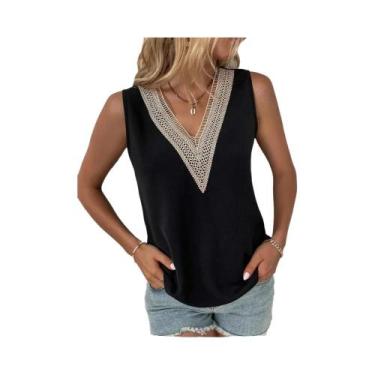 Imagem de Blusa Branca Sem Mangas Com Decote Em V E Renda, Estilo Casual De Verã