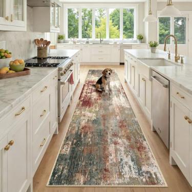 Imagem de RELEANY Tapetes laváveis 6 x 25 cm, antiderrapante, moderno, abstrato, macio para sala de estar, entrada, quarto, berçário, estampado, marrom, ferrugem, vermelho, verde, azul, multi