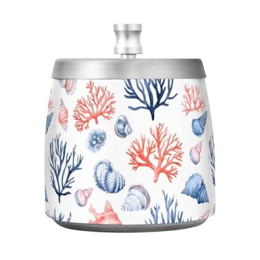 Imagem de Cinzeiro costeiro Ocean Beach Coral Shell com tampa para cigarro, cinzeiros à prova de vento de aço inoxidável para pátio externo, varanda, sem fumaça, bandeja de cinzas inodora, decoração para