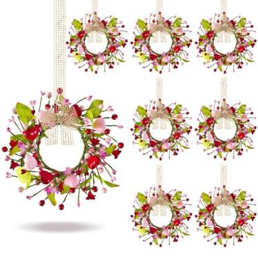 Imagem de 8 peças mini guirlanda de dia dos namorados de 23 cm para armário de cozinha, guirlanda para porta da frente, vermelho artificial, rosa, coração, pequena com flores de forsítia, fita de folha verde