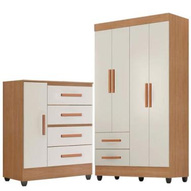 Imagem de Kit Guarda-Roupa Solteiro 4 Portas com Cômoda Sapateira Lisa Nature/Of