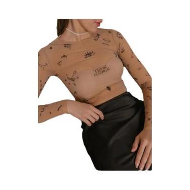 Imagem de Body Feminino Slim Fit De Manga Longa Com Decote Redondo, Estampa Sexy