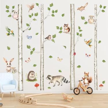 Imagem de Decalques de parede de árvores grandes animais da floresta adesivos de parede de bétula branca primavera floresta guaxinim coelho esquilo pássaros adesivo mural adesivo de arte de parede para quarto