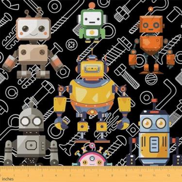 Imagem de Robôs tecido preto por jarda, equipamento de máquina inteligente colorido Graffiti Tecido decorativo para estofamento e projetos faça você mesmo, quadrado de tecido pré-cortado colorido robô infantil