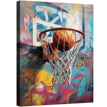 Imagem de Halioyo Arte de parede em tela de basquete - Bola passando pela rede, pôster impresso de basquete grafite para caverna masculina, academia, quarto de adolescente, dormitório, escritório - presente