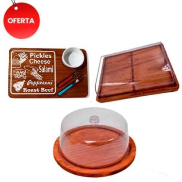 Imagem de OFERTA KIT 3pçs Porta Frios 21X16,5CM, Boleira de Madeira RUSTICO tamp