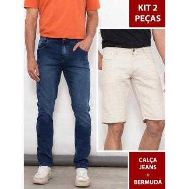 Imagem de Kit 2 Peças Masculino Calça Jeans Slim Azul e Bermuda Casual Cáqui Beg