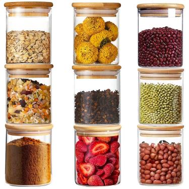 Imagem de Kit 9 Potes Vidro 200ml Hermético Tampa Bambu Porta Temperos e Condimentos