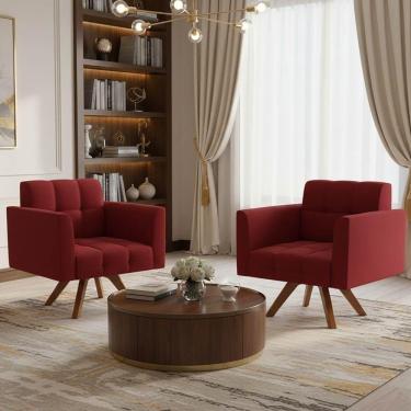 Imagem de Poltrona Sala Decorativa Kit 2 Elisa Giratória Castanho Mm30 Veludo Marsala D03 - D'rossi