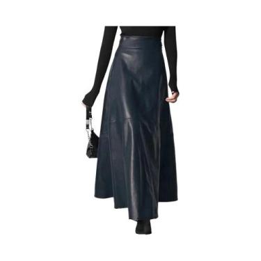 Imagem de Saia Maxi Feminina De Couro PU De Cintura Alta Elegante Casual Longa C
