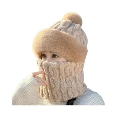 Imagem de Gorro De Inverno Feminino Em Fleece Com Cachecol E Máscara Integrados,
