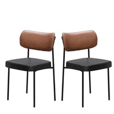 Imagem de Kit 2 Cadeiras Estofadas Leather Para Sala Jantar em Aço-Conhaque e Pr