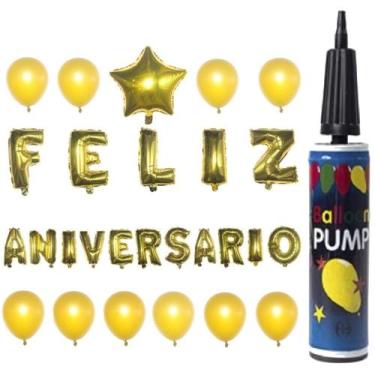 Imagem de Kit Balão Metalizado Feliz Aniversário Festa 27 Pçs C/Bomba - Rio Tiju