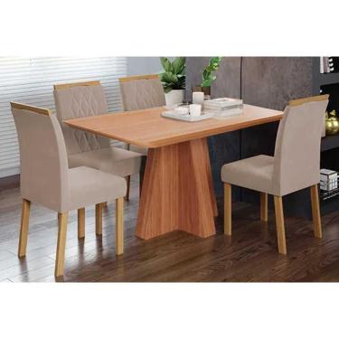 Imagem de Conjunto de Jantar Maitê com 4 Lugares Tampo em MDF com Cadeiras Estofadas Cinamomo Carvalho-linho Bege 130X80CM