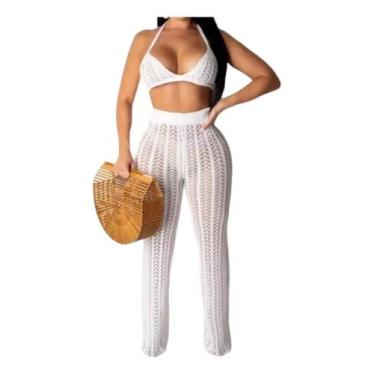 Imagem de N-E0902-Conjunto Feminino Top Calça Crochê Tricô Saída De Praia N24 - 