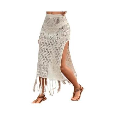 Imagem de Saia Sarong Feminina De Tricô Texturizado Com Fenda Alta E Franjas, Sa