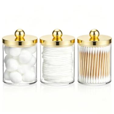 Imagem de Tbestmax Recipiente de banheiro com suporte Qtips de 293 ml - Frasco de boticário de plástico com tampas douradas para almofadas redondas de algodão - ouro
