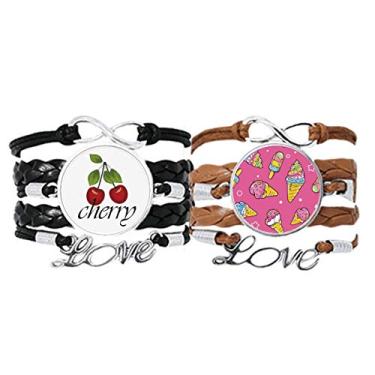 Imagem de DIYthinker Pulseira Star Pink Sugar Picolé Sorvete Pulseira Alça de Mão Corda de Couro Cherry Love Pulseira Conjunto Duplo, Não se candidatar