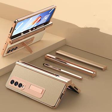 Imagem de Para Samsung Galaxy Z Fold3 4 capa de telefone de couro galvanizado para Galaxy Z Fold4 caso proteção total S Pen Slot com suporte, ouro, para Z Fold3