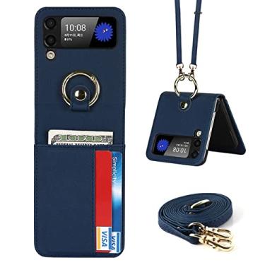 Imagem de Estojo para porta-cartões com cordão de anel de luxo capa de couro PU para Samsung Galaxy Z Flip 3 5G Capas de telefone Kickstand, azul, para galaxy Z flip 3