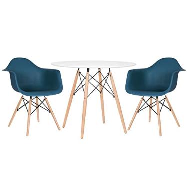 Imagem de Mesa redonda Eames 90 cm branco + 2 cadeiras Eiffel Daw azul petróleo