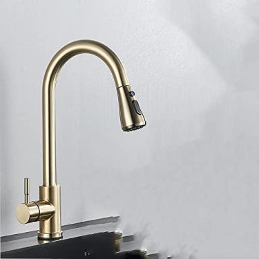 Imagem de Torneira quente fria extraível para pia de cozinha torneira de cozinha de fluxo montada no convés torneira misturadora de banheiro, ouro escovado B, tamanho único