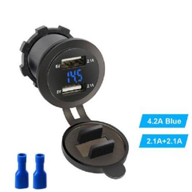 Imagem de Tomada Dupla Carregador USB 2.1A 5V Voltimetro Azul